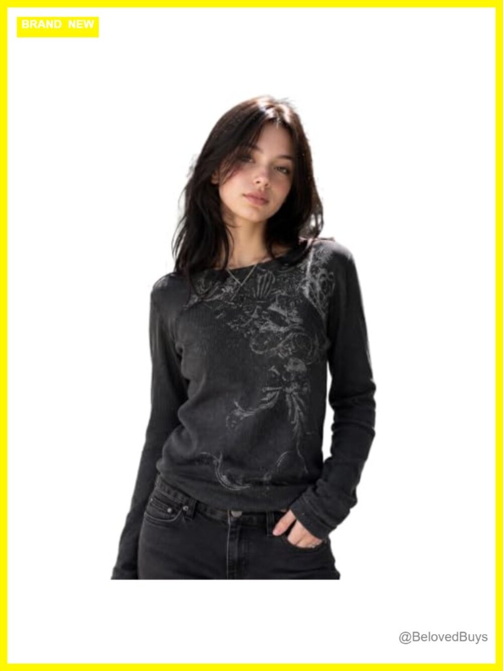 Alt Gothic Long Sleeve Graphic Ribbed Tee Y2K Grunge Emo Top